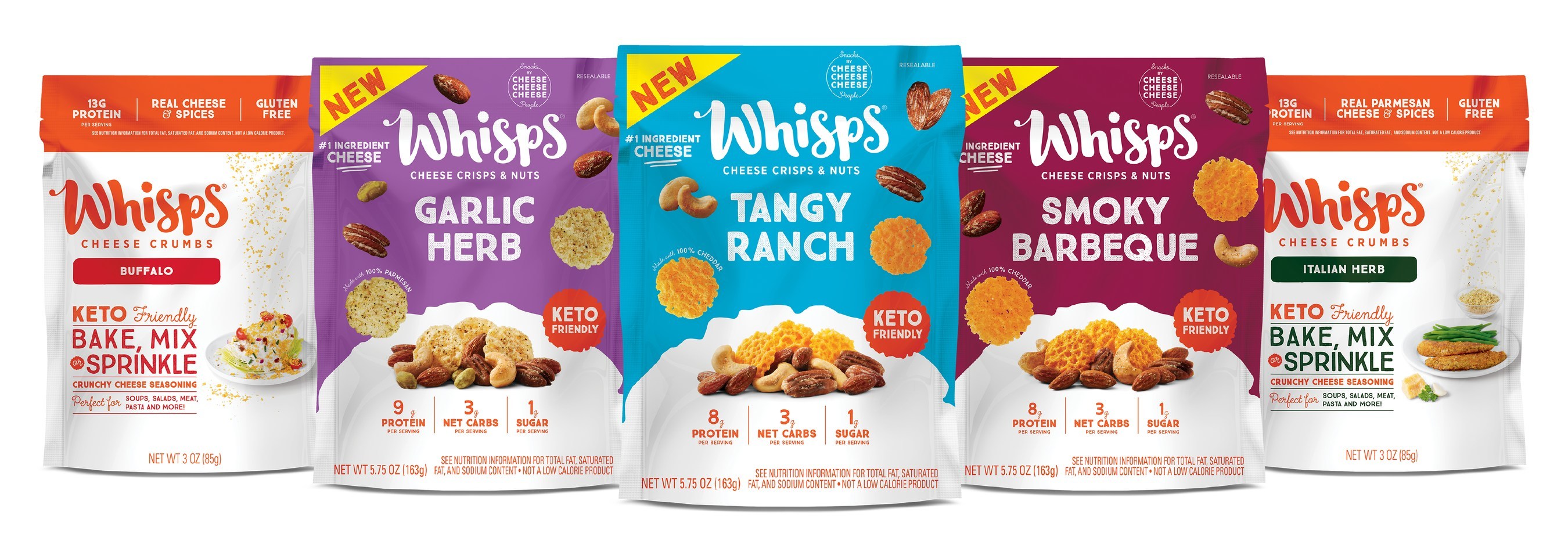 Both the crumbs for cooking, and the crisps and nuts for snacking feature parmesan and cheddar cheeses made exclusively for Whisps