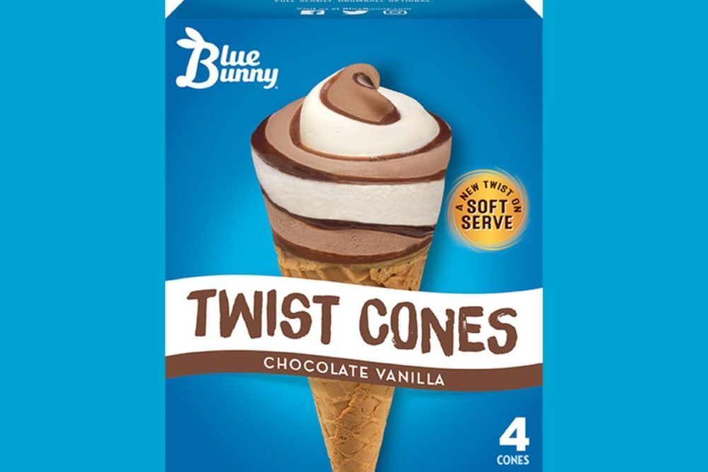 Blue Bunny Twist Cones soft serve Chocolate Vanilla Strawberry Cheesecake Chocolate Peanut Butter