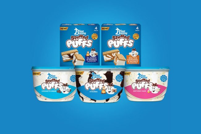 Blue Bunny Stuffed puffs new ice cream products sandwiches scoopable flavors s'mores