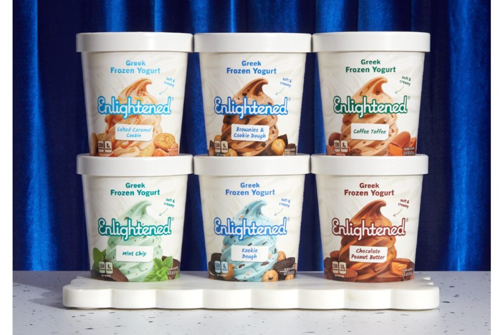 Greek Frozen Yogurt Pints Enlightened new flavors new products Salted Caramel Cookie, Brownies & Cookie Dough, Coffee Toffee, Mint Chip, Kookie Dough, Chocolate Peanut Butter