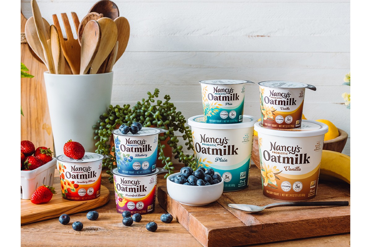 Nancy's Probiotic Foods Oatmilk Yogurt flavors sustainable packaging paper-based cups non-dairy alternative dairy