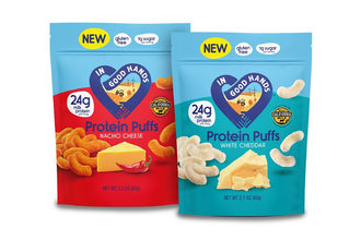 In Good Hands Protein Puffs cheese protein milk gluten free snacks dairy low sugar flavors nacho cheese white cheddar